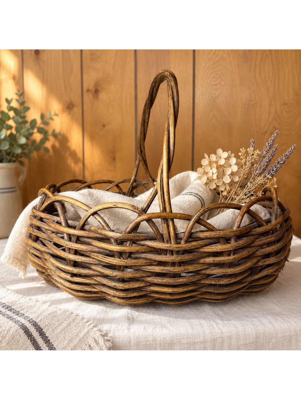 Rustic Woven Rattan Basket With Handle Vintage Farmhouse Gathering Basket
